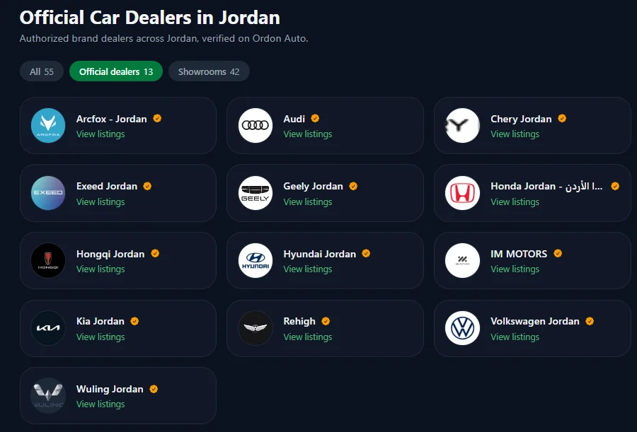 دليل الوكلاء الرسميين لبيع السيارات في الأردن على أوردون أوتو، يعرض شعارات وكلاء موثقين مع رابط لعرض إعلانات كل وكيل