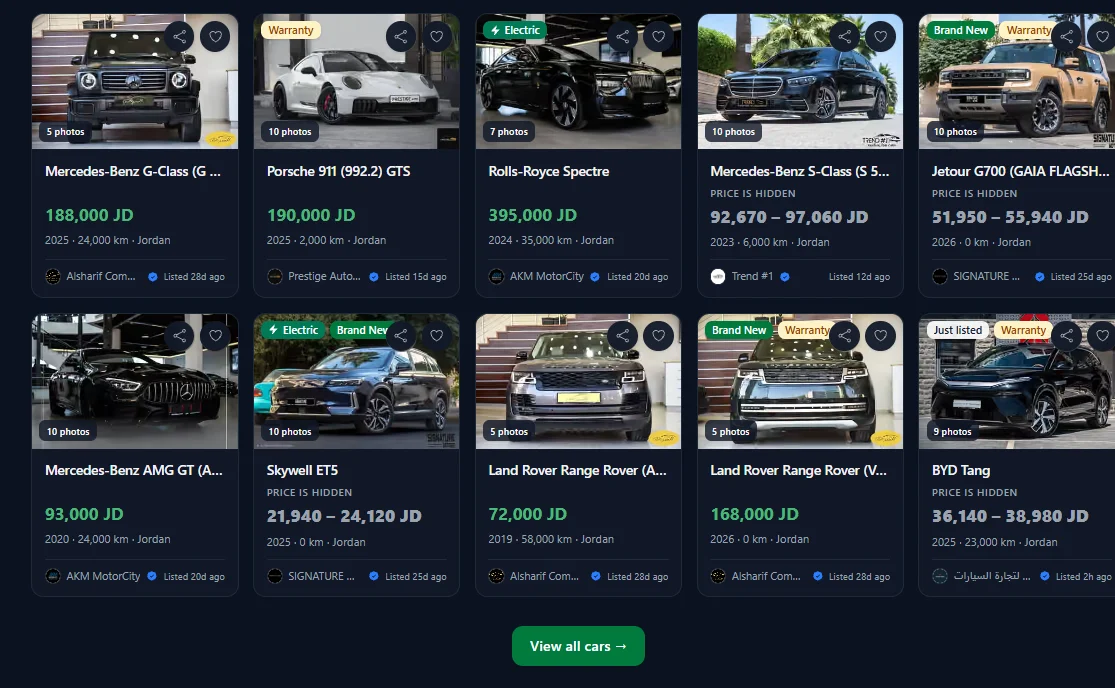 صفحة عرض جميع السيارات على أوردون أوتو تعرض شبكة كاملة من الإعلانات بماركات وأسعار مختلفة، مع زر View all cars
