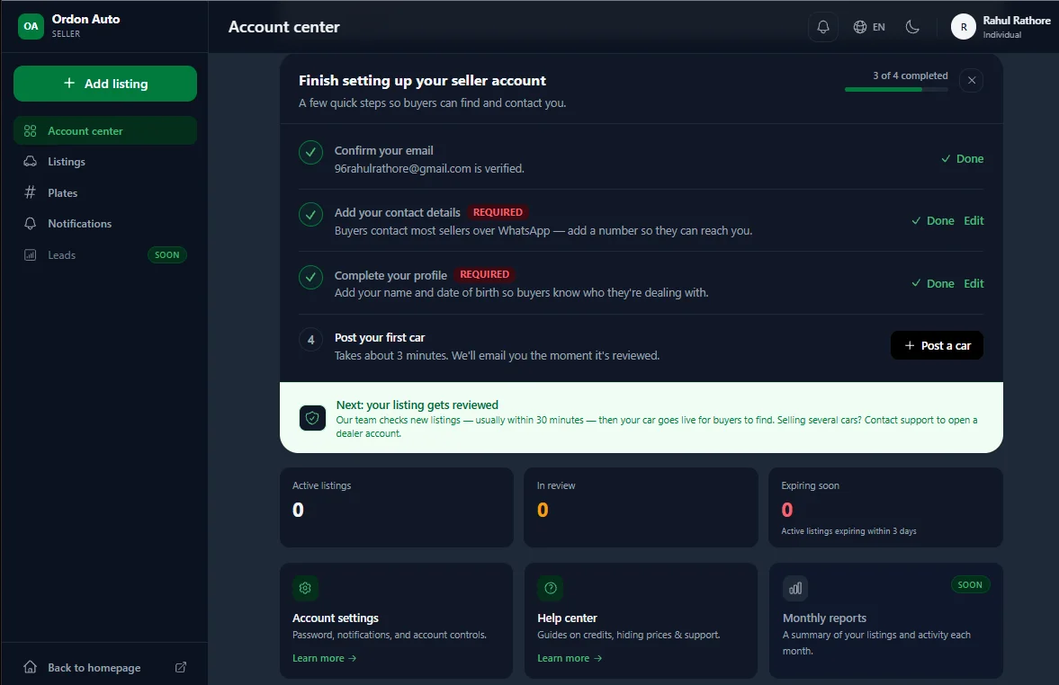 الشريط الجانبي للوحة تحكم البائع في أورودن أوتو مع تمييز زر إضافة إعلان الأخضر فوق عناصر القائمة الخاصة بـ Account center وListings وPlates وNotifications