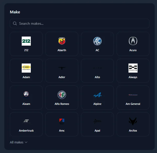 شاشة اختيار الشركة المصنعة في أورودن أوتو تُظهر شبكة قابلة للبحث من شعارات شركات صناعة السيارات مثل Acura وAlfa Romeo وAixam، مع شريط بحث في الأعلى