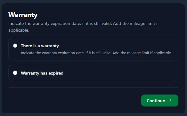 خطوة الضمان في أورودن أوتو بخيارين: There is a warranty، مع حقول لتاريخ الانتهاء وحد المسافة، أو Warranty has expired